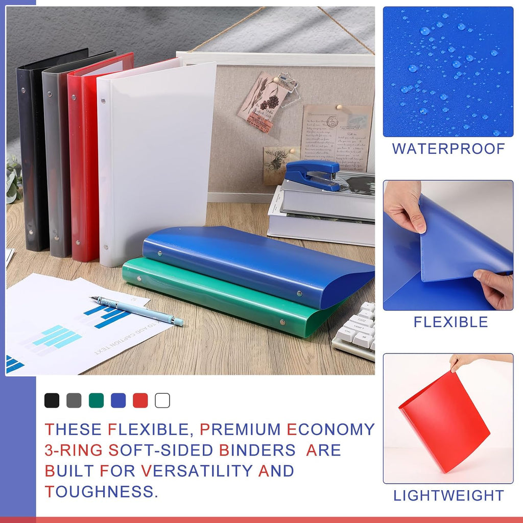 Fulmoon 48 Pack 3 Ring Plastic Binders 1 Inch Bulk with 2 Pockets, Flexible Binder Loose Leaf Hardcover, Fit 12' x 10' US Letter Size Paper, for School Office Home, 6 Colors(Classic)