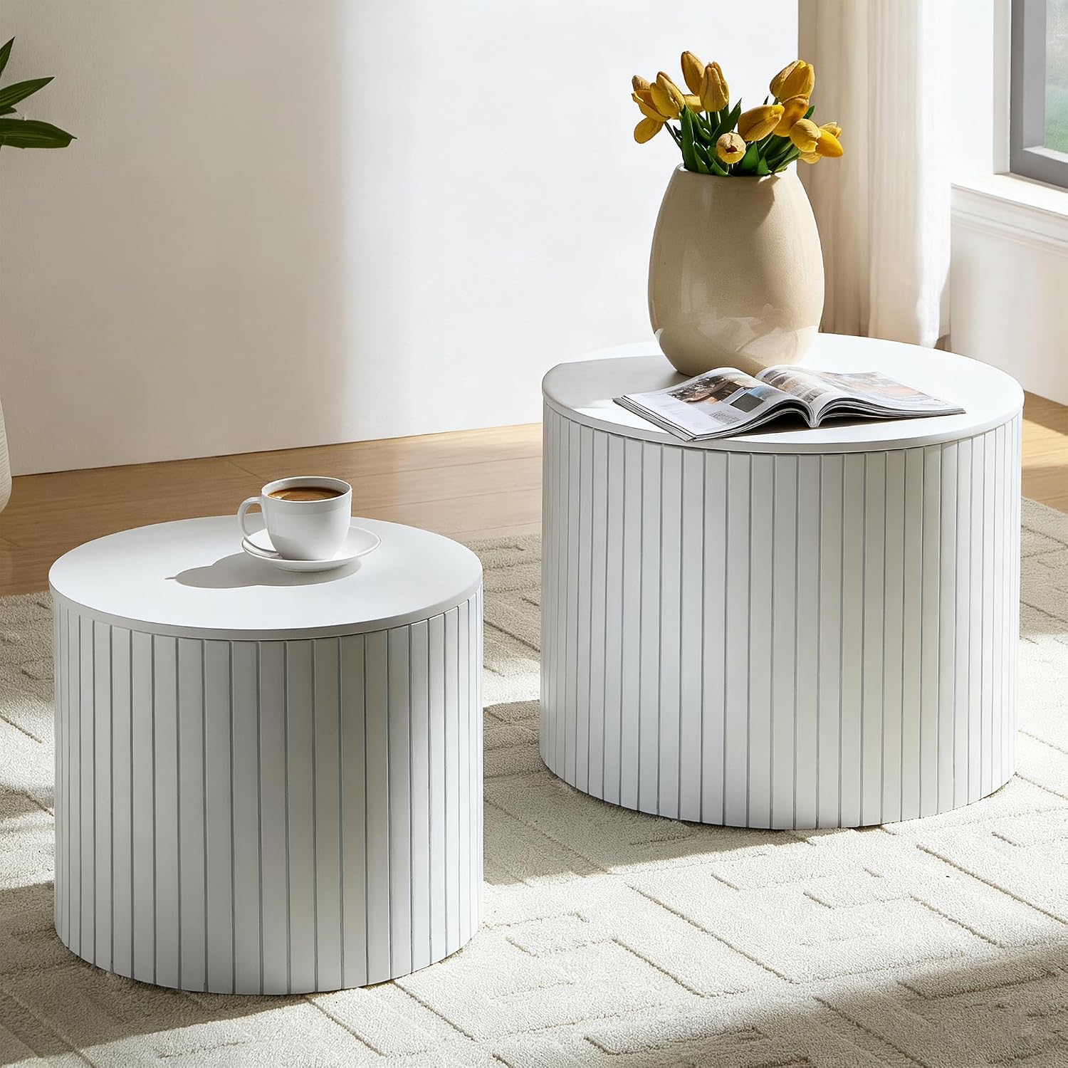 Nesting Coffee Table Set of 2, 19.17' Round Coffee Tables with Storage, Modern End Table for Living Room,Side Table for Apartment,Office,Dorm(White)