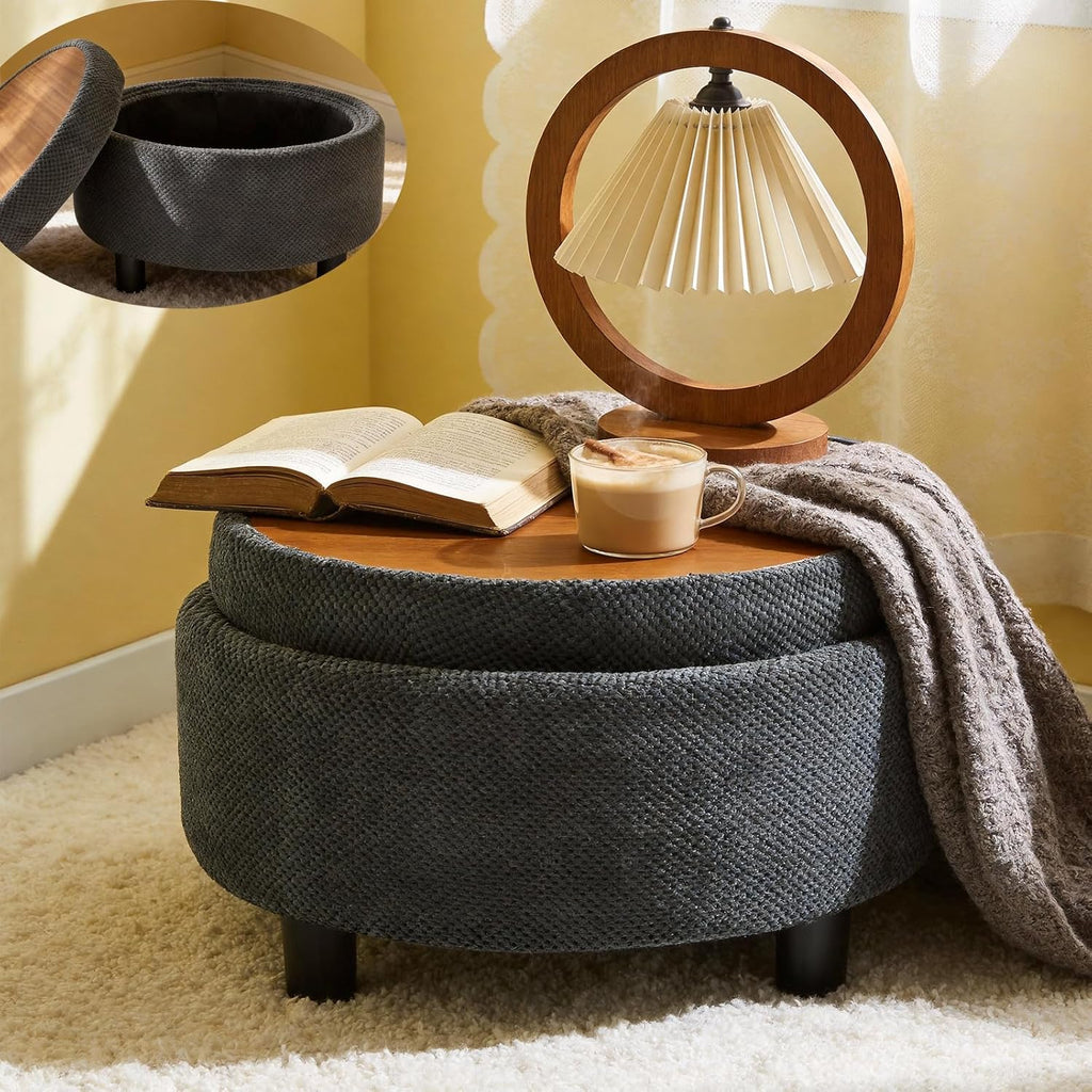 Round Storage Ottoman with Reversible Tray Lid, 25' Upholstered Button Tufted Coffee Table with Storage Foot Rest Stool for Living Room, Bedroom, Entryway, Dark Grey