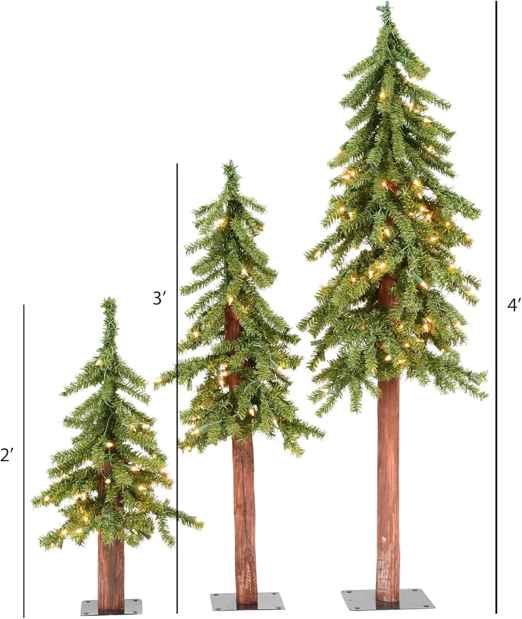 Pemberly Row Natural Alpine Artificial Christmas Tree Set, 2', 3', 4' Sizes, 633 Green PVC Tips, Unlit, Metal Stands, Rustic Seasonal Decor for Tabletops, Living Areas, Small Spaces