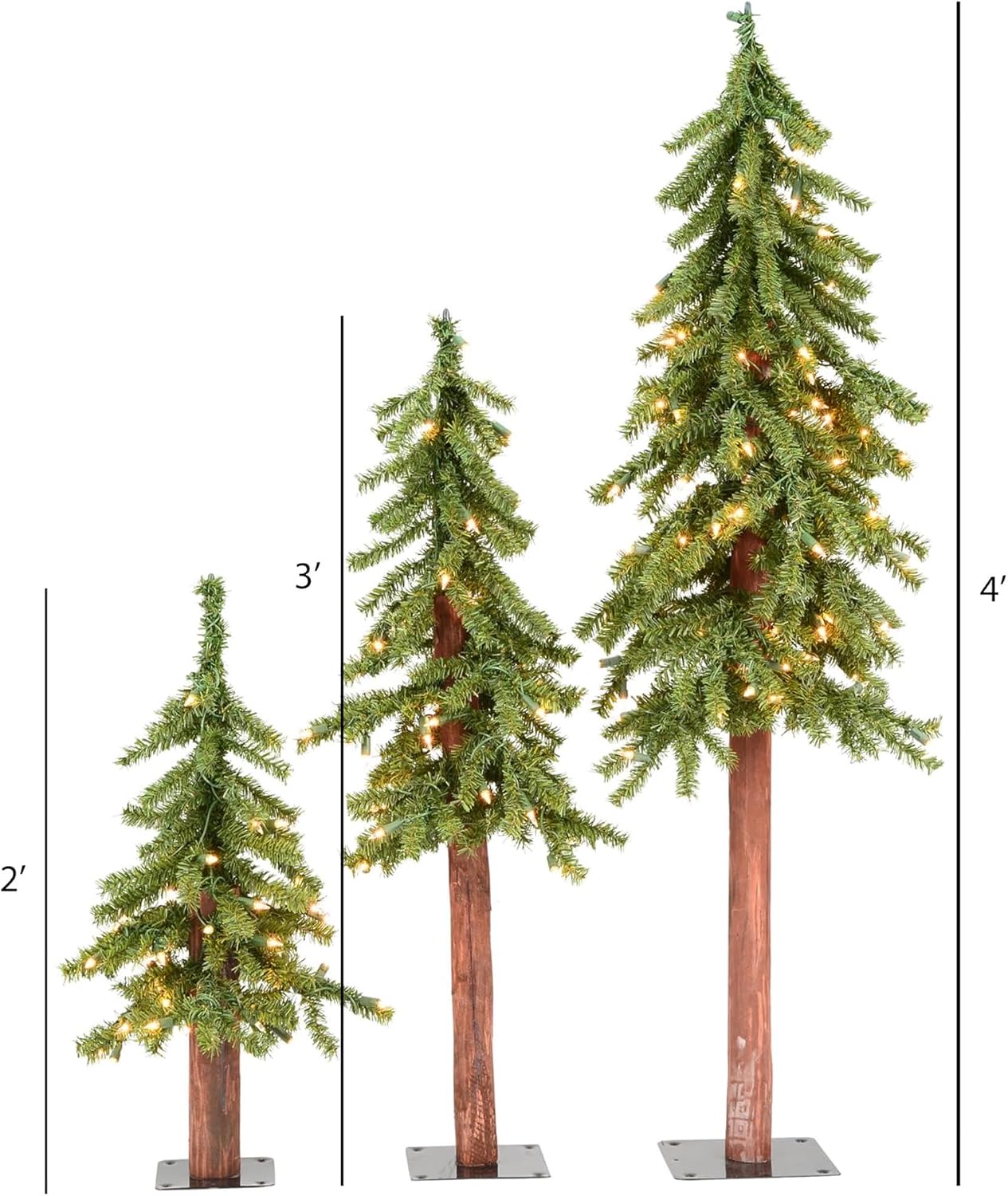 Pemberly Row Natural Alpine Artificial Christmas Tree Set, 2', 3', 4' Sizes, 633 Green PVC Tips, Unlit, Metal Stands, Rustic Seasonal Decor for Tabletops, Living Areas, Small Spaces