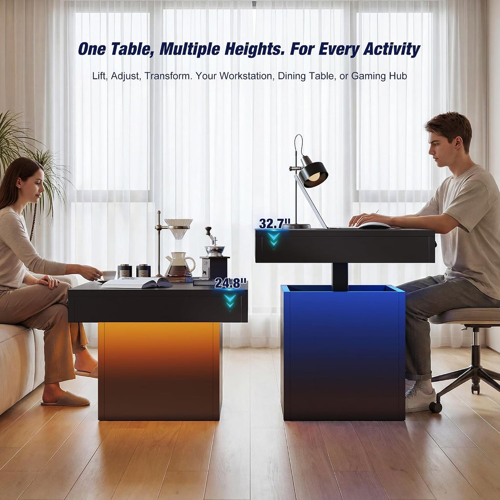 Homkdom 39.4' Electric Lift Top Coffee Table, Adjustable Height Table with Storage & LED Light, Coffee Tables for Living Room, Dining, Work and Gaming, Black