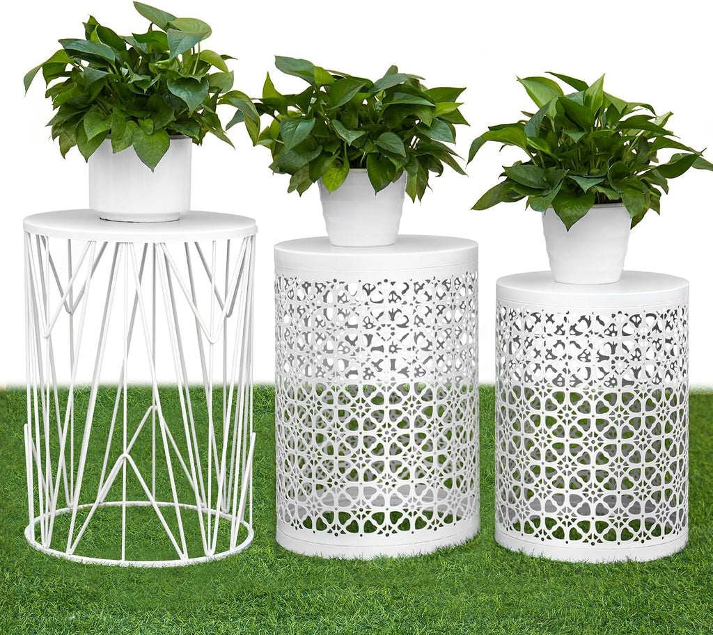 HFHOME Set of 3 Heavy-Duty Round End Table, Side Table, Coffee Table for Indoor Multifunctional Use, Outdoor Decorative Garden Stool Plant Stand-White