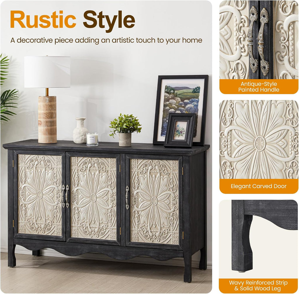 RoyalCraft Farmhouse Sideboard Buffet Cabinet with Storage, Vintage Solid Wood Credenza Buffet Table Coffee Bar Wine Bar Storage Cabinet with 3 Doors for Dining Room Living Room Hallway, Retro Black