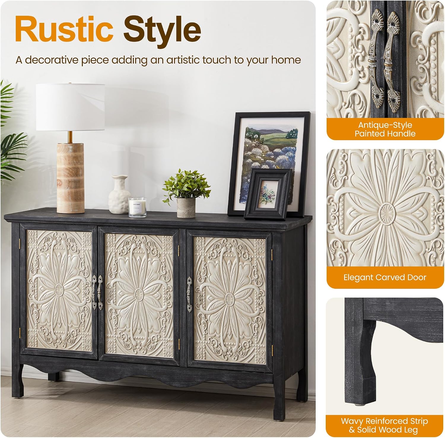 RoyalCraft Farmhouse Sideboard Buffet Cabinet with Storage, Vintage Solid Wood Credenza Buffet Table Coffee Bar Wine Bar Storage Cabinet with 3 Doors for Dining Room Living Room Hallway, Retro Black