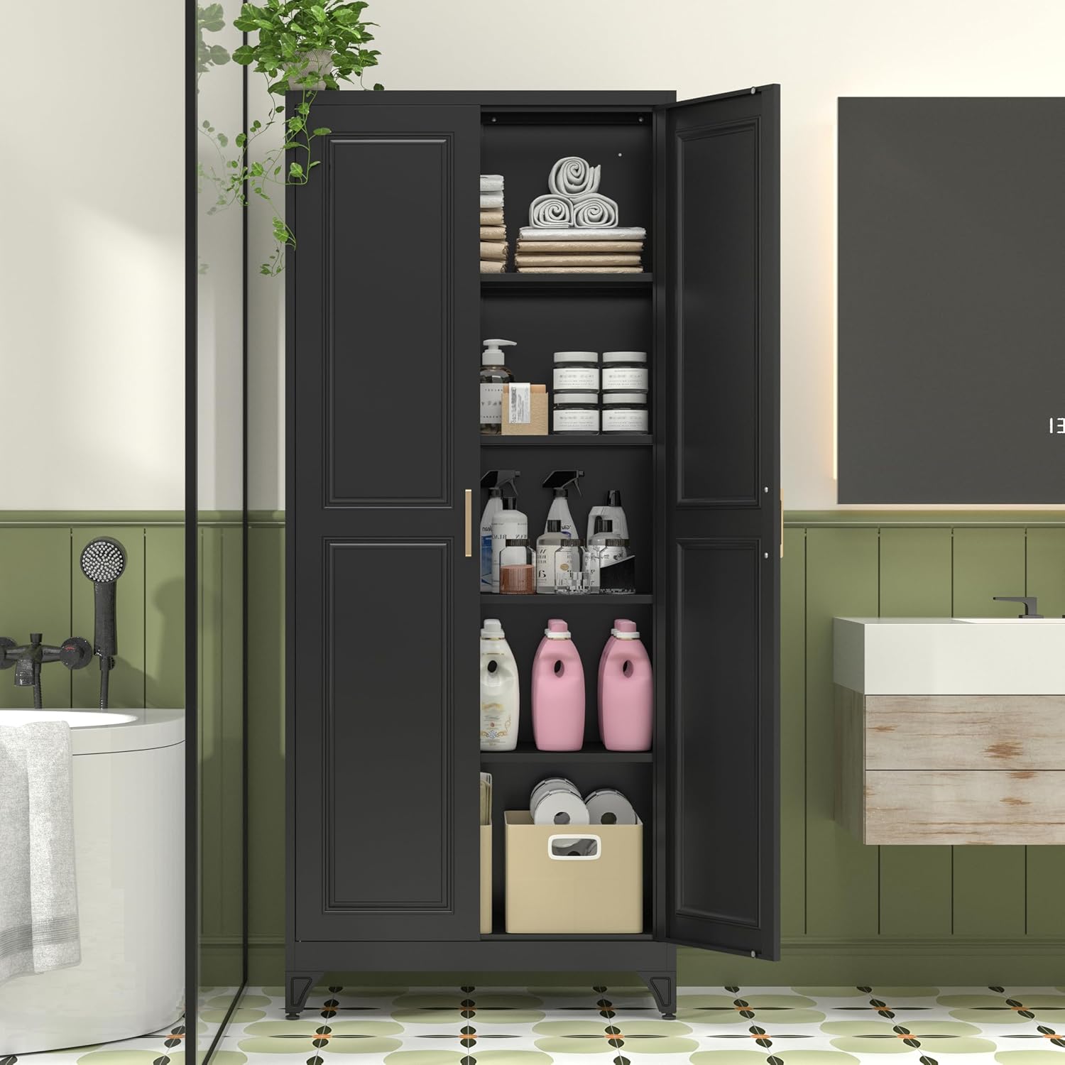 Polup Kitchen Pantry Cabinet, 75' H Metal Storage Cabinet with Doors and Shelves, 4 Standing Feet, Cupboard for Kitchen, Dining, Living Room, 16' D x 32' W x 75' H, Black, Assembly Required