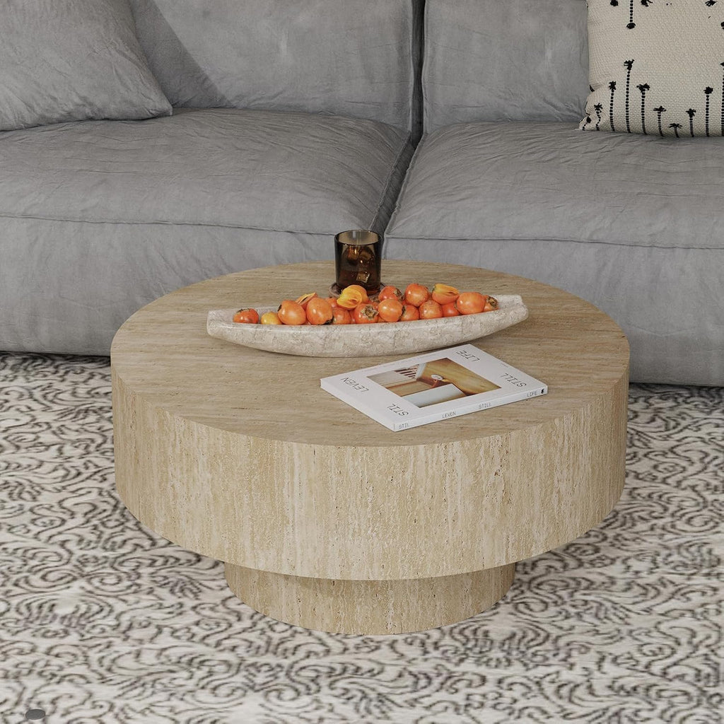 29.92' Travertine Round Coffee Table Modern Circle Low Center Tables - Chic Travertine Grain Veneer for Living Room Farmhouse Apartment Study Office (Travertine Round 29.92in)