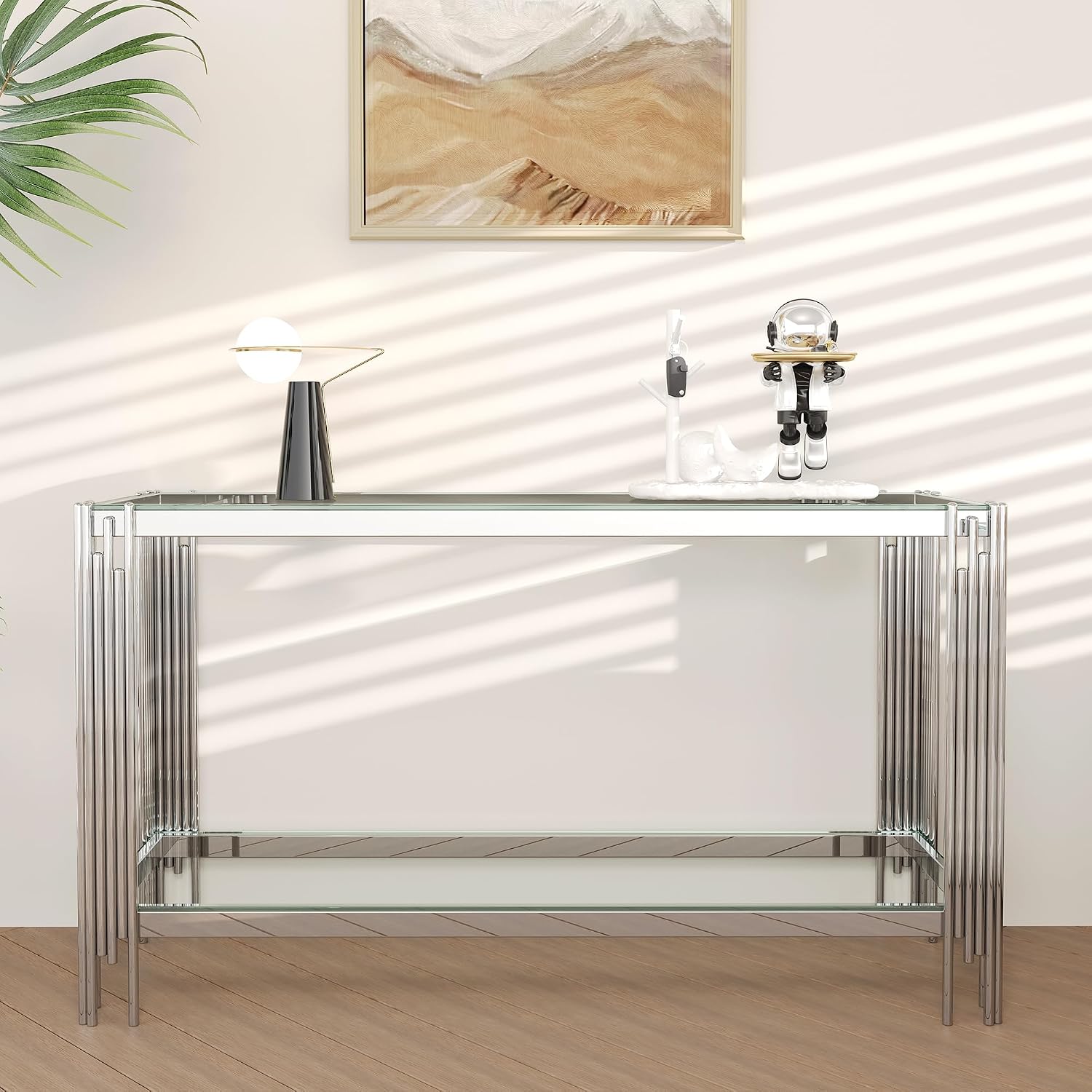 2-Tier Glass Console Table, Rectangle Console Table with Storage, Entryway Table with Stainless Steel Base, Rectangular Narrow Tables Sofa Table for Living Room Hallway, Clear&Silver