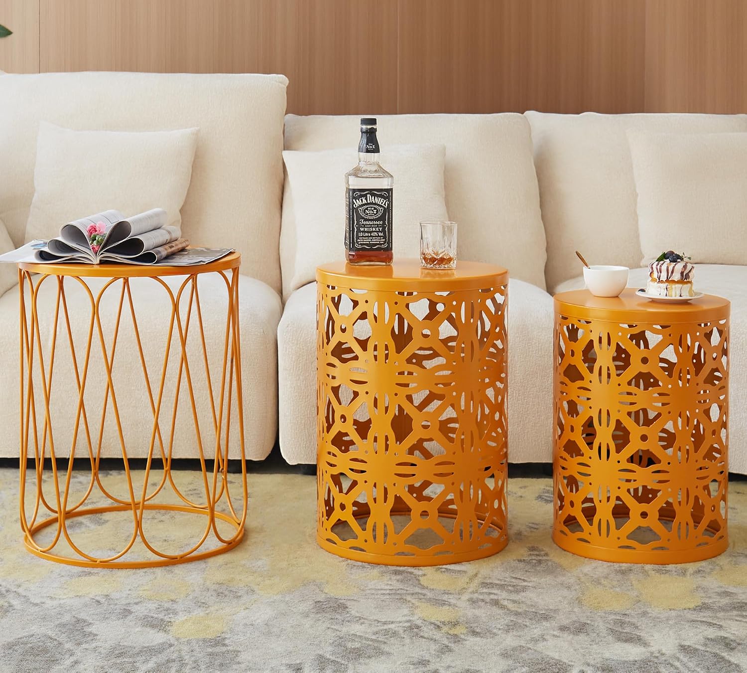 HFHOME Set of 3 Metal Outdoor Side Table, Nesting Round Coffee Table for Indoor Outdoor, Heavy Duty End Tables Plant Stand Living Room Garden Stool - Orange