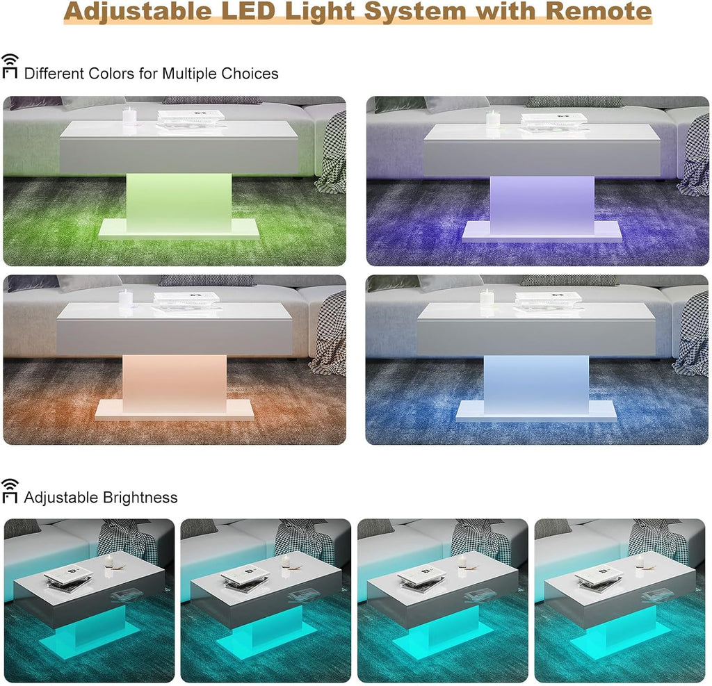 HedoAjim Led Coffee Table for Living Room, Living Room Table Rectangular Center Table, Modern High Glossy Wooden Coffee Tables with 16 Colors LED Lights for Dining Reception Room, White
