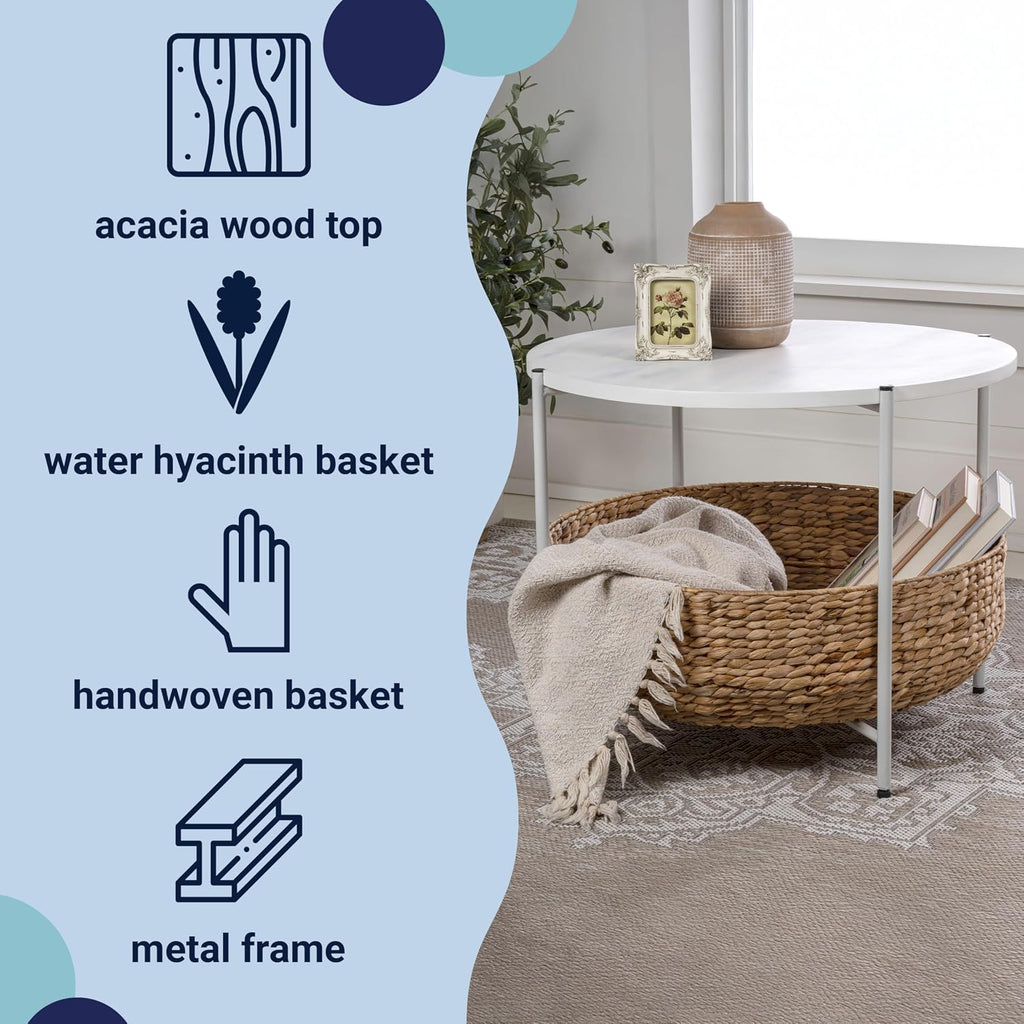 happimess SAT2000C Carly 24.21' Modern Coastal Round Acacia Wood/Water Hyacinth Coffee Table with Storage Basket, Table for Living Room and Bedroom, Natural/White