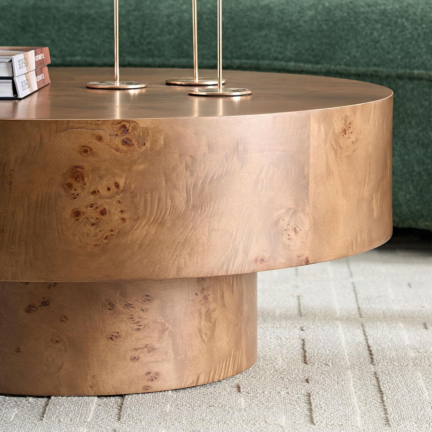 31.49'' Round Coffee Table Modern Wood Coffee Table for Living Room, Contemporary Circle Drum Pedestal Style, Burl Wood Veneer, Easy Assembly, Walnut