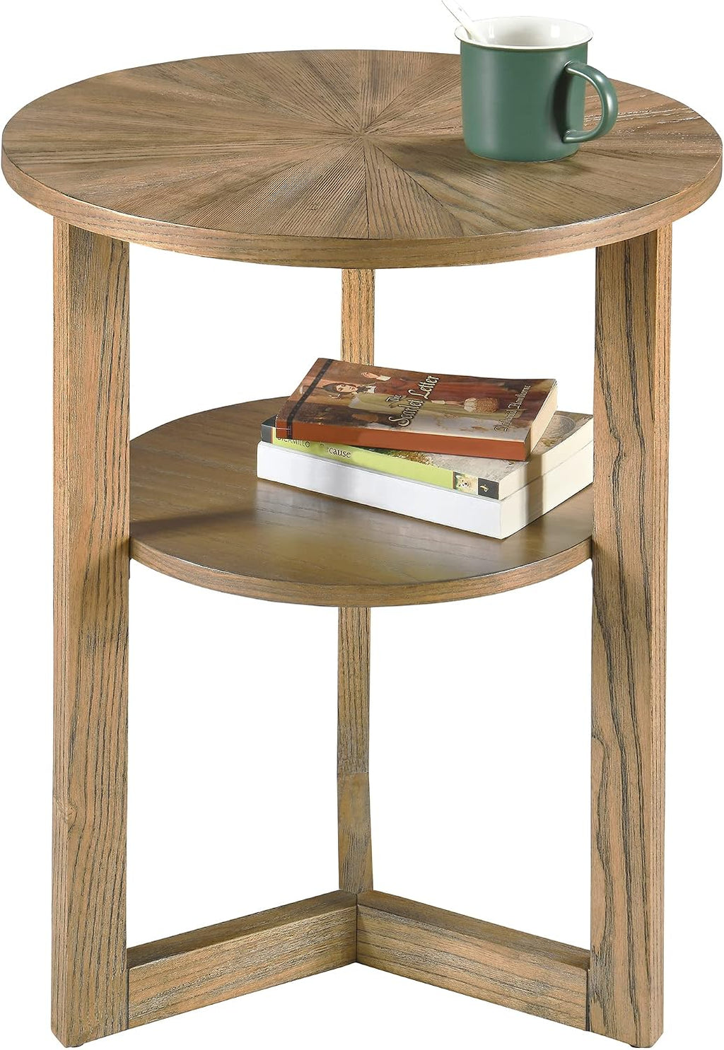 PADMA HOUSE 19.3' Round Wood End Table, 2-Tier Solid Wood Rounded Accent Side Table Circle Nightstand Table with Storage Shelf Vintage Furniture for Home Living Room Bedroom,Rustic Natural 3338