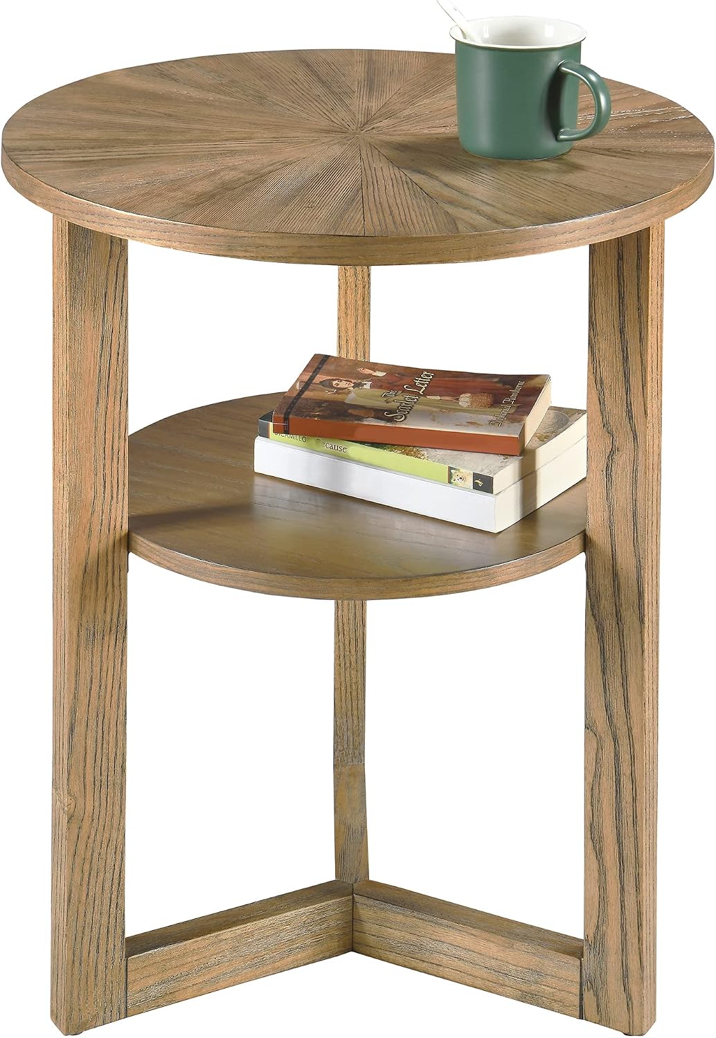 PADMA HOUSE 19.3' Round Wood End Table, 2-Tier Solid Wood Rounded Accent Side Table Circle Nightstand Table with Storage Shelf Vintage Furniture for Home Living Room Bedroom,Rustic Natural 3338
