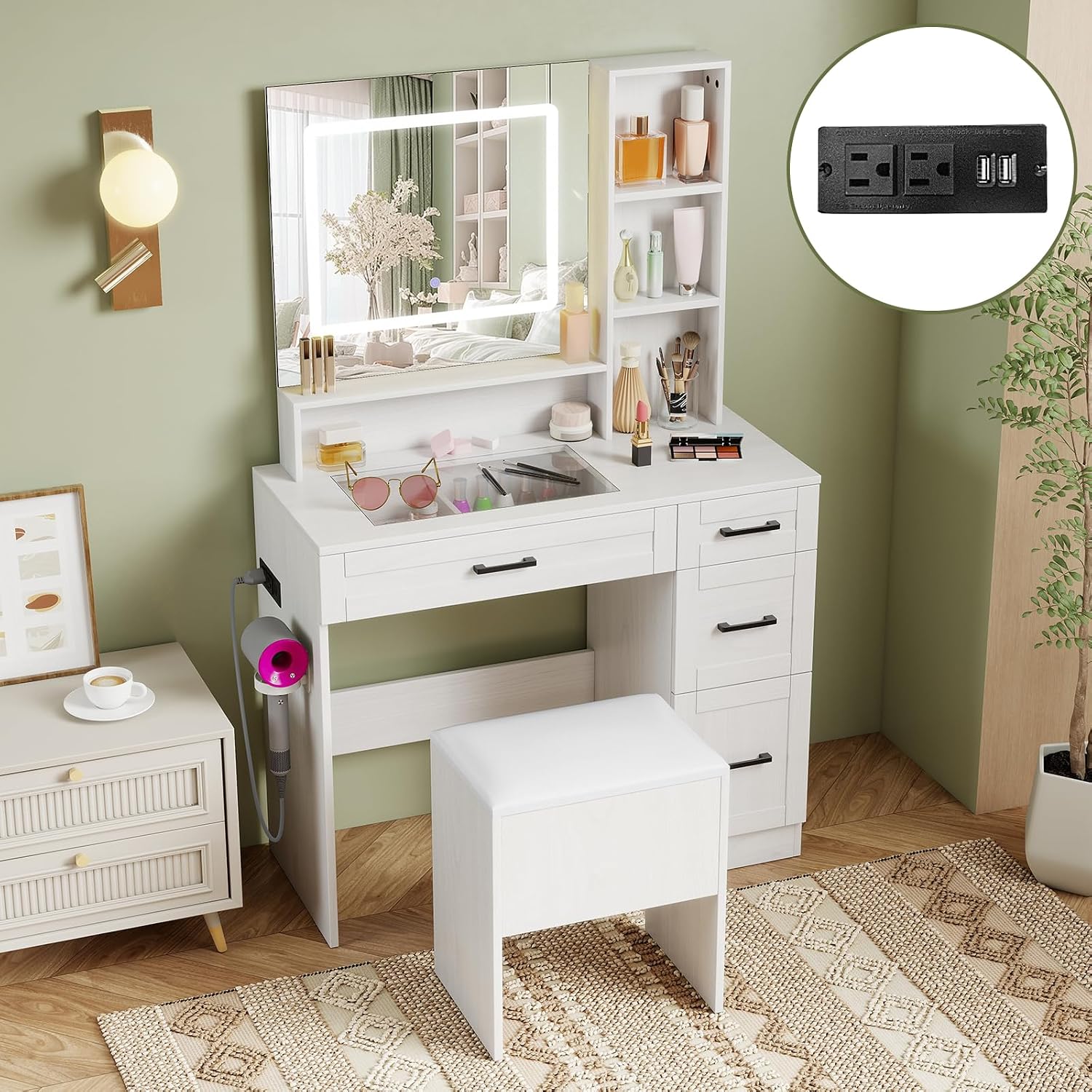 Vanity Desk with Mirror and Lights, Dressing Table with Storage Stool, Drawers & Shelves, Charging Station, Hair Dryer Stand, 3 Color Lighting, Glass Tabletop, Makeup Vanity for Bedroom, White