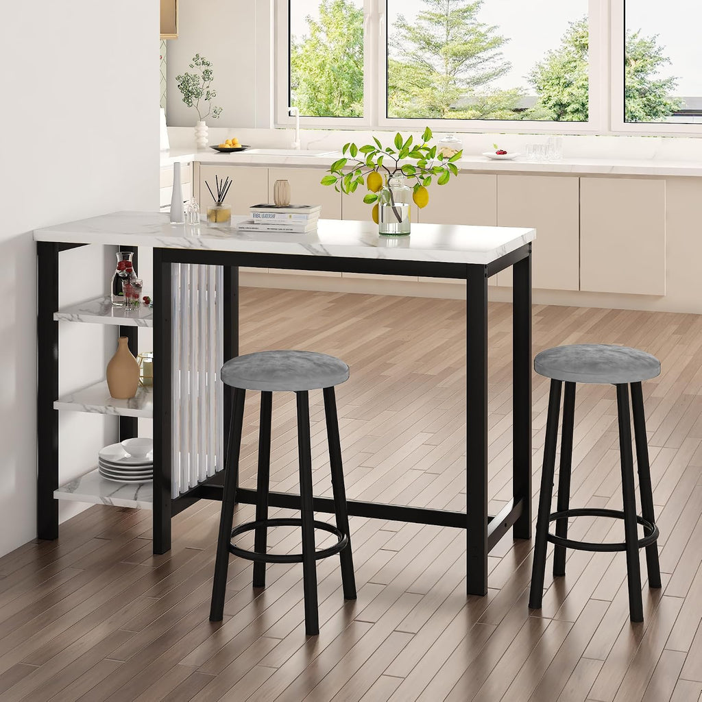 AWQM Bar Table Set with Storage Shelves, 47' Modern White Faux Marble Breakfast Table with 2 Velvet Stools, 3-Piece Dining Set for 2, Space Saving Table for Kitchen/Dining Room/Living Room/Studio
