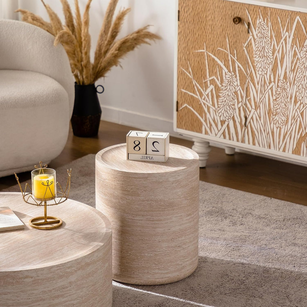 Round Coffee Table Set of 2, Modern 2 Pieces Faux Mars Marble Pattern Living Room Table Set 31.5' Round Coffee Table and End Table Set, Circle Center End Tables Set for Apartment,No Need Assembly