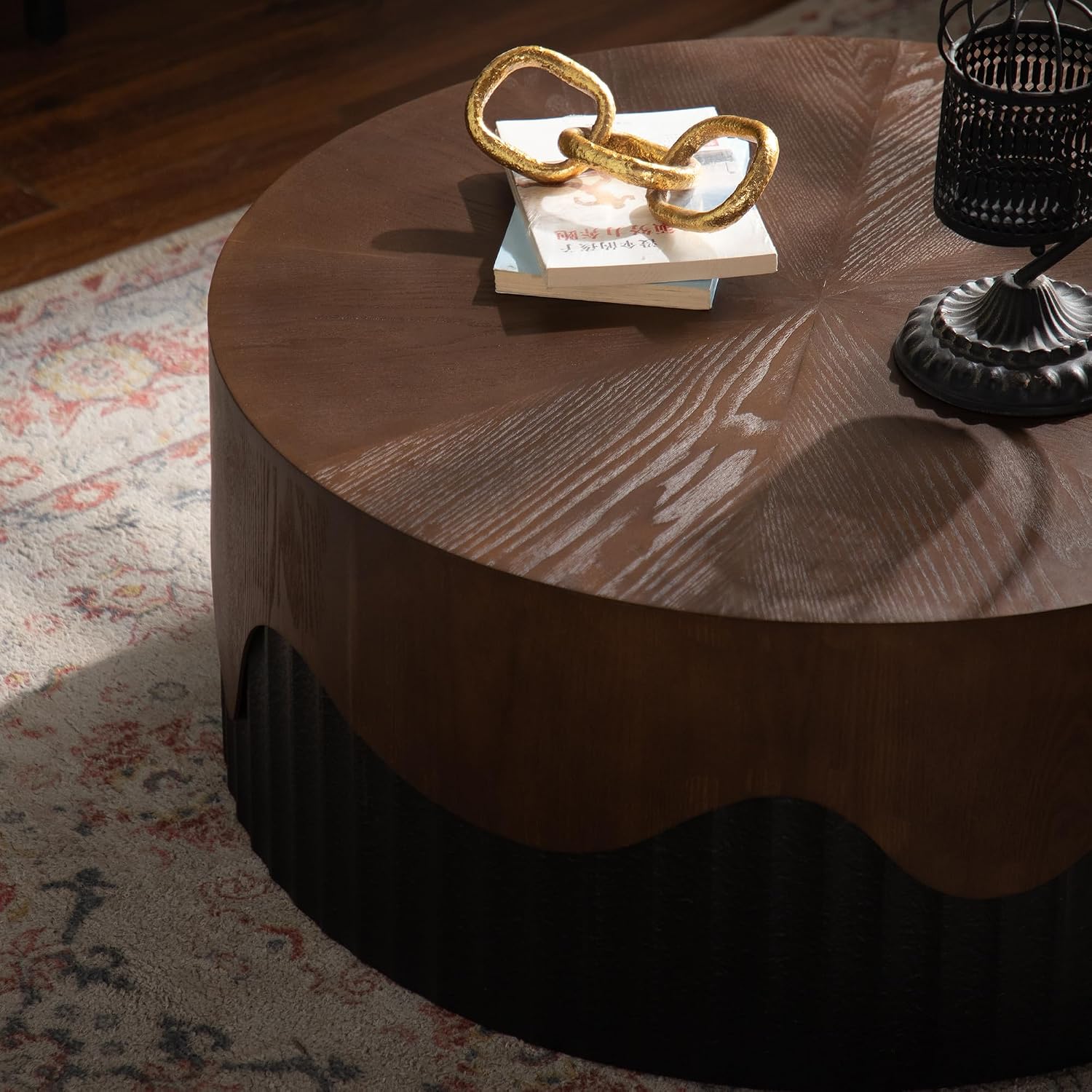 30.31'' Handcrafted Round Coffee Table for Living Room, Modern Mid-Century Circle Drum Wood Coffee Table, Easy Assembly, Black & Walnut
