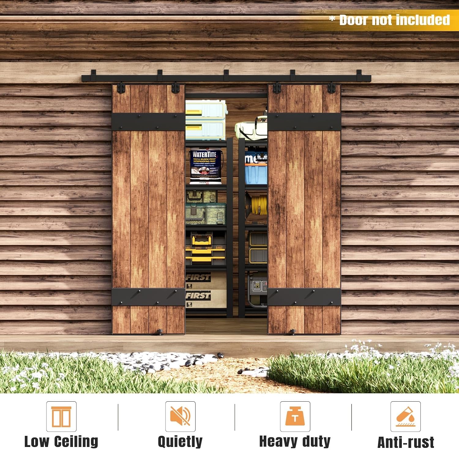 Easelife 8FT Exterior Sliding Barn Door Hardware Kit, Box Rail Track, 450lb Capacity, Black Weather-Resistant Steel, Wall Mount System for Outdoor Use, Fit Double 24in Door