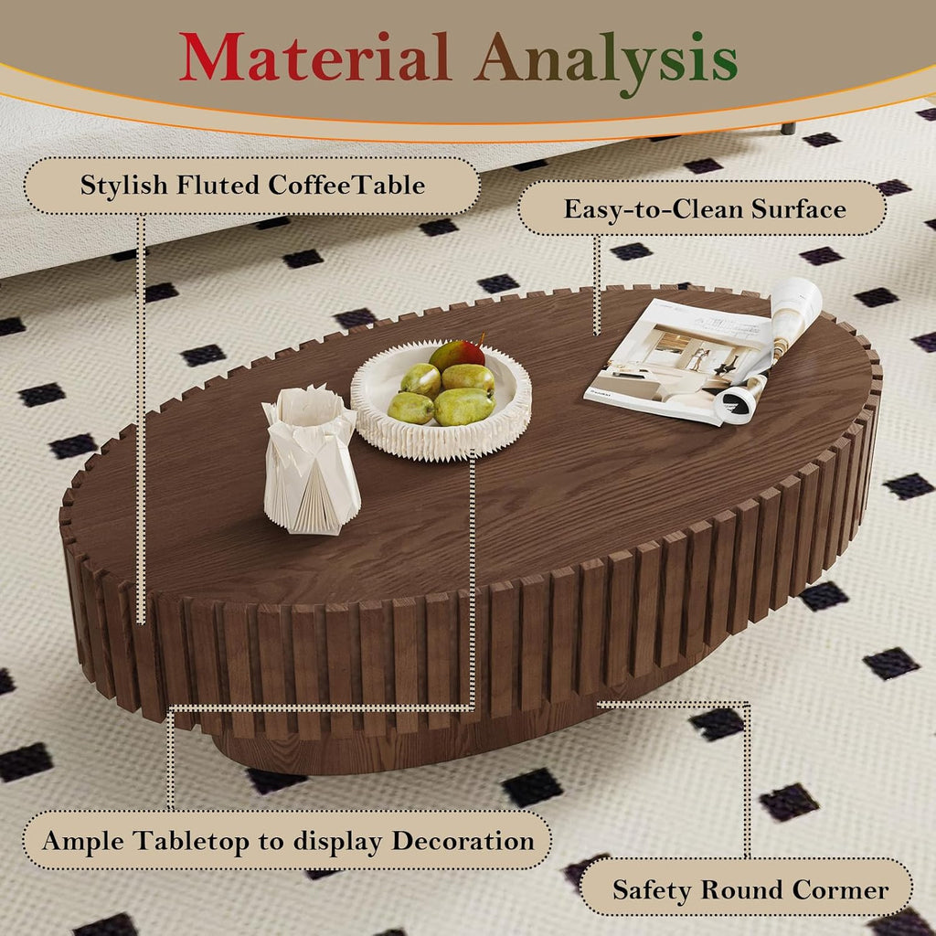 Handcraft Fluted Coffee Table 43.3' Oval Drum Center Tables with Sturdy Pedestal Easy to Assembly for Living Room Apartment Farmhouse (Oval Walnut 43.3in)