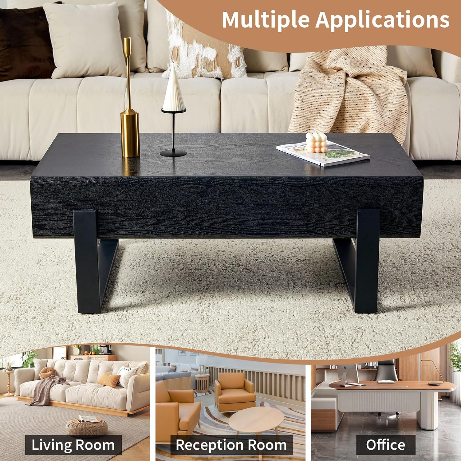 47.24' Rectangle Coffee Table, Wood Coffee Table Center Table with 7.8' Thick Tabletop Metal Legs Rounded Corners for Living Room Office, Black