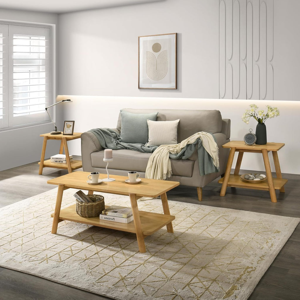 Roundhill Furniture Metz 3-Piece Coffee Table Set, Coffee Table and Two End Tables, Natural Oak Finish