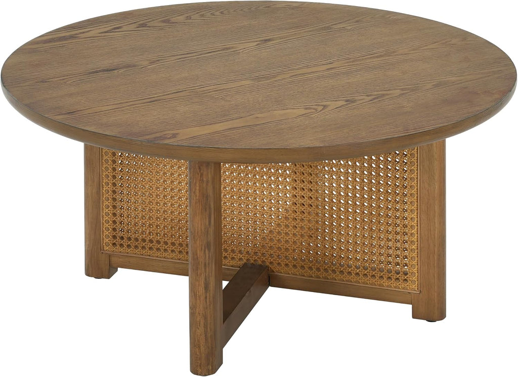 Christopher Knight Home Kiaya Round Coffee Table with PE Woven Design, Wood Coffee Tables for Living Room, Stylish Indoor Round Table, Easy Assembly, Versatile Living Room Furniture, Natural Brown