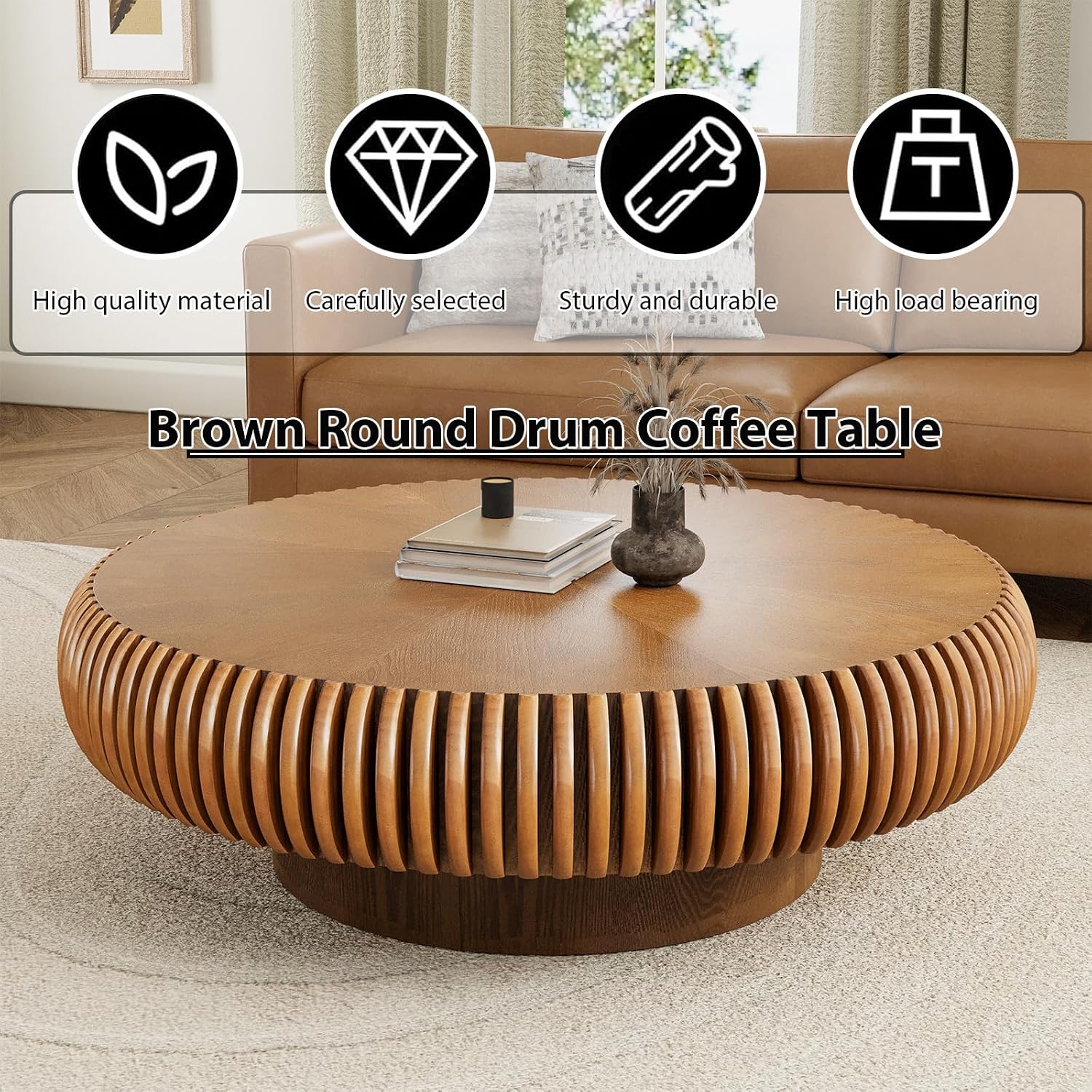 Modern Unique Round Fluted Coffee Table, Brown Wood Circle Coffee Tables, Contemporary Round Drum Accent Center Table for Living Room Reception Room