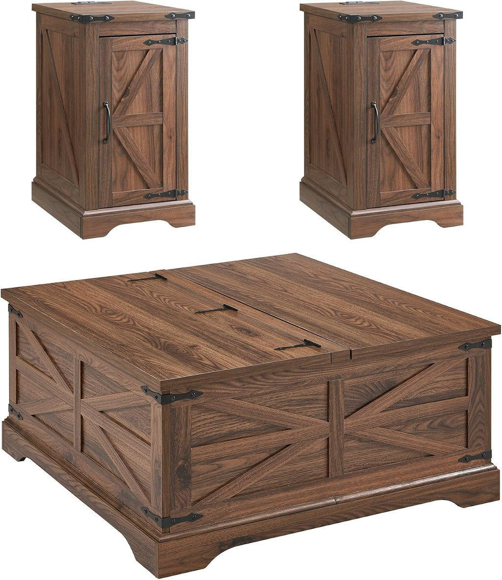 JXQTLINGMU 3-Piece Farmhouse Coffee Table and End Table Sets, Includeds 36' Lift Top Square Coffee Table w/Storage & 2 Rustic Wood End Tables w/Charging Station & Barn Doors for Living Room, Brown
