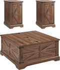 JXQTLINGMU 3-Piece Farmhouse Coffee Table and End Table Sets, Includeds 36' Lift Top Square Coffee Table w/Storage & 2 Rustic Wood End Tables w/Charging Station & Barn Doors for Living Room, Brown