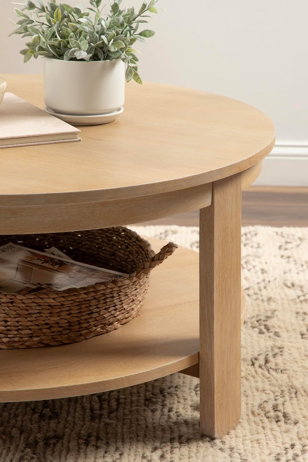 Kate and Laurel Foxford Tiered Round Coffee Table, 34 x 34 x 17, Light Natural, Transitional Two-Tier Circle Living Room Table with Storage and Resilient Wood Construction