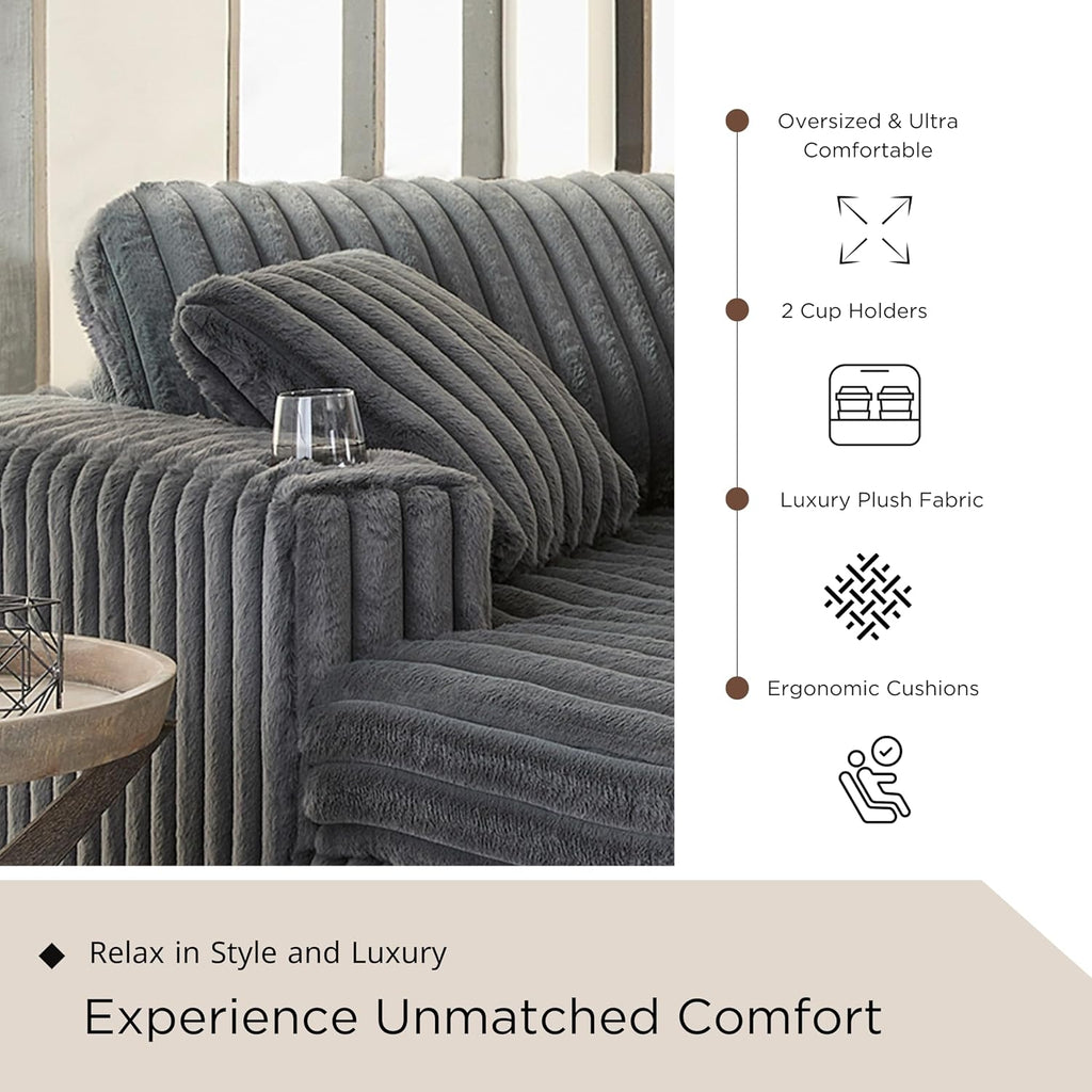 Roundhill Furniture Belvoir 3-Piece Living Room Set, Sofa Cuddle Chaise and Ottoman, Charcoal