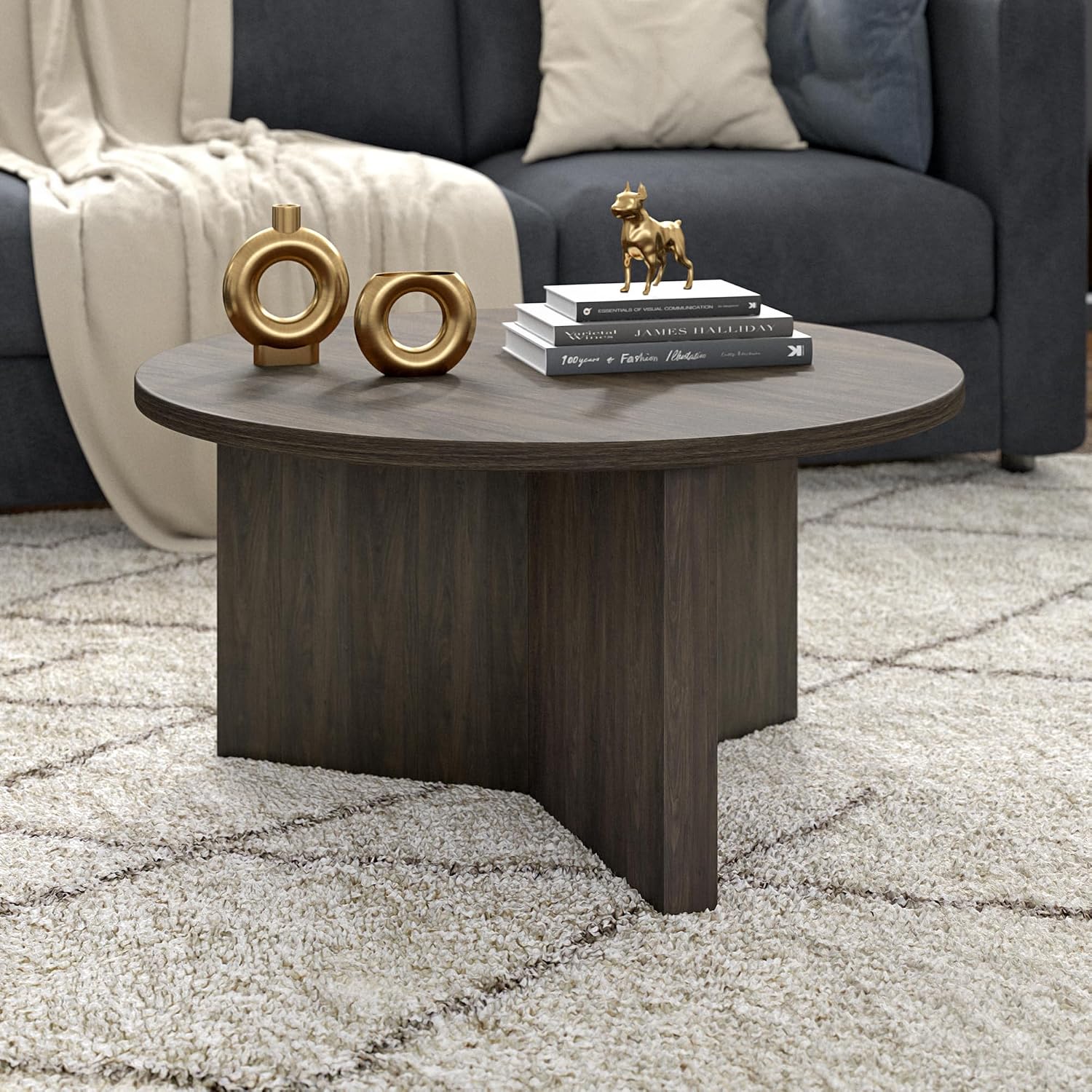 Henn&Hart 32' Round Pedestal Coffee Table for Living Room, Family Room, Office, or Apartment, Rich Brown