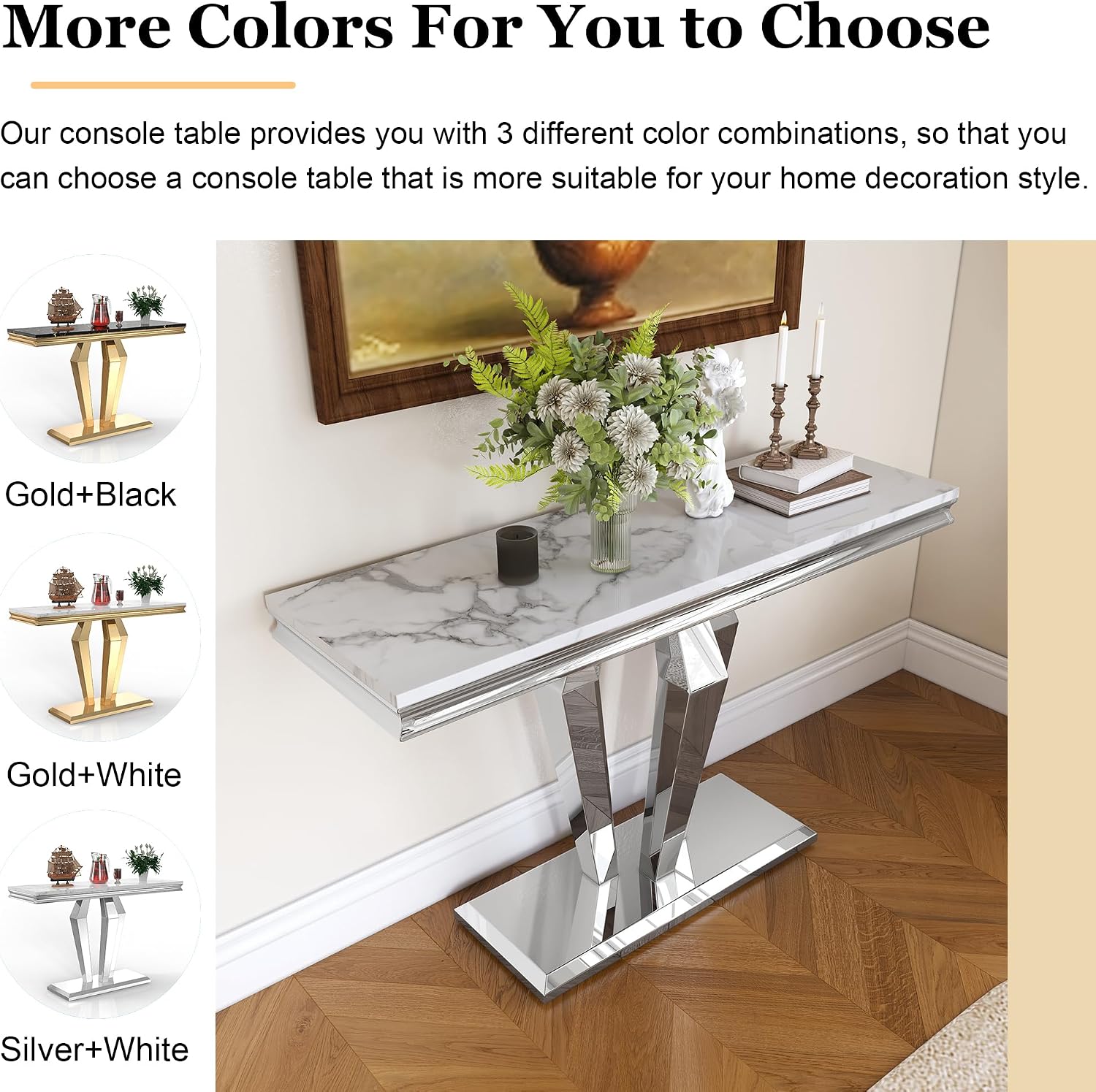 47 inch Gold Console Table, Modern Entryway Table with Diamond-Shaped Metal Base for Entrance, Hallway, Living Room (White Faux Marble & Silver)