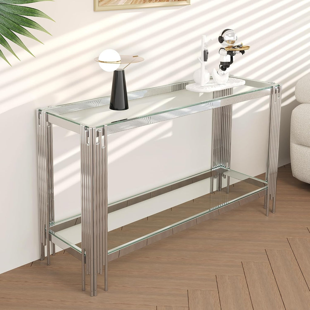 2-Tier Glass Console Table, Rectangle Console Table with Storage, Entryway Table with Stainless Steel Base, Rectangular Narrow Tables Sofa Table for Living Room Hallway, Clear&Silver