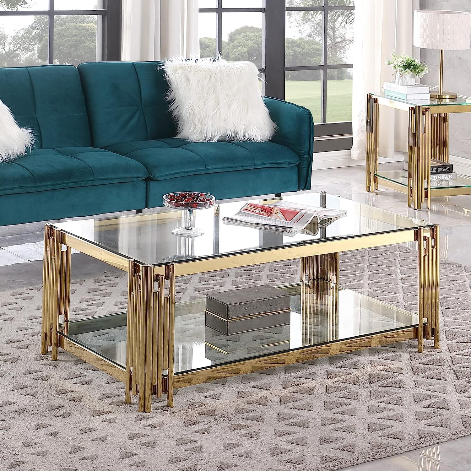 Glass Coffee Table and End Table Set of 3, Luxury Coffee Table Set with Tempered Glass & Gold Stainless Steel Legs, 3 Piece Living Room Table Set for Bedroom Home Office