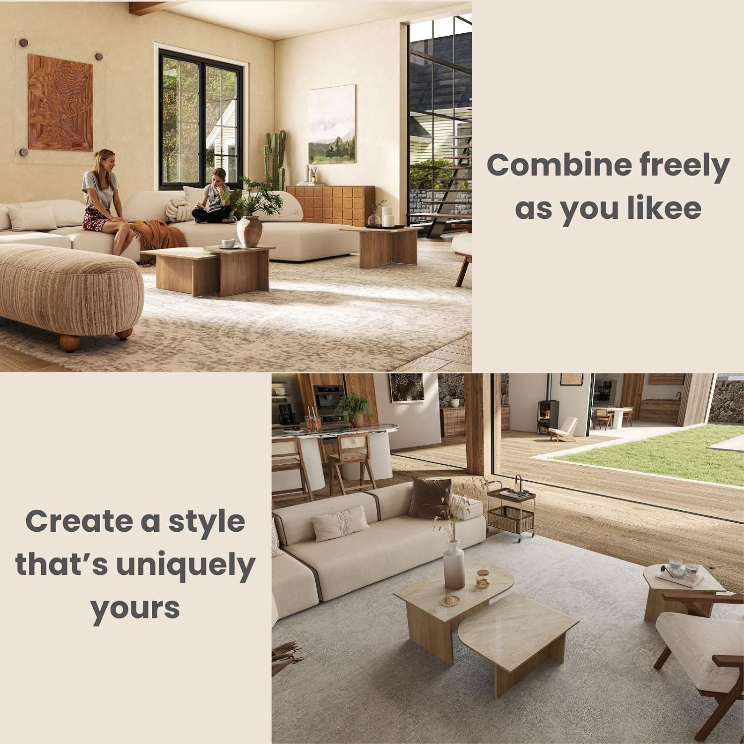 Mid Century Modern Coffee Table Set of 3, Nesting Coffee Tables with Marble Pattern Tabletop and Solid Wood Legs,Wood Side Tables for Living Room, Natural