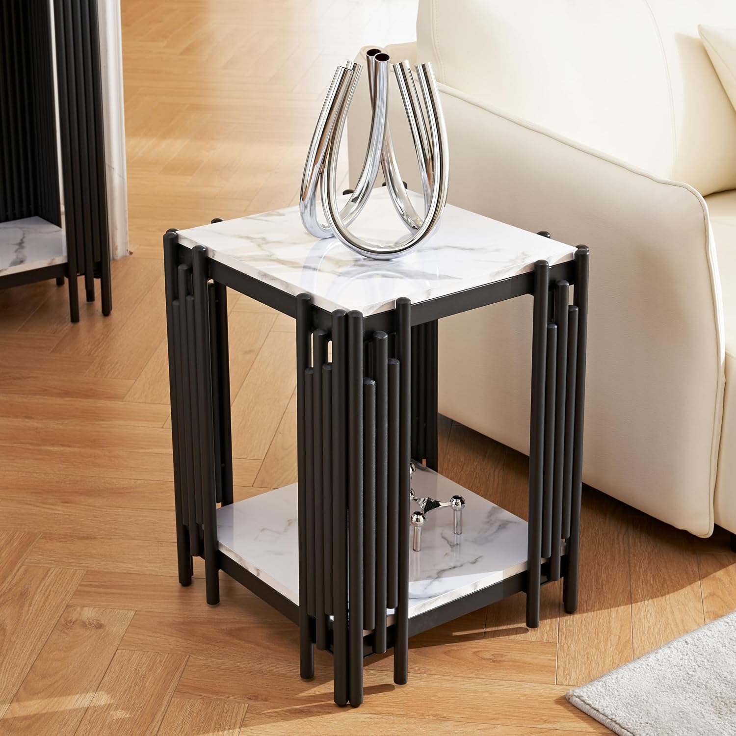 Elegant Marble Coffee Table Set of 2 White Faux Marble Coffee Table End Table Set w/Black Metal Frame 2 Piece Living Room Table Set with 1 Rectangle Coffee Table & Square Side Table