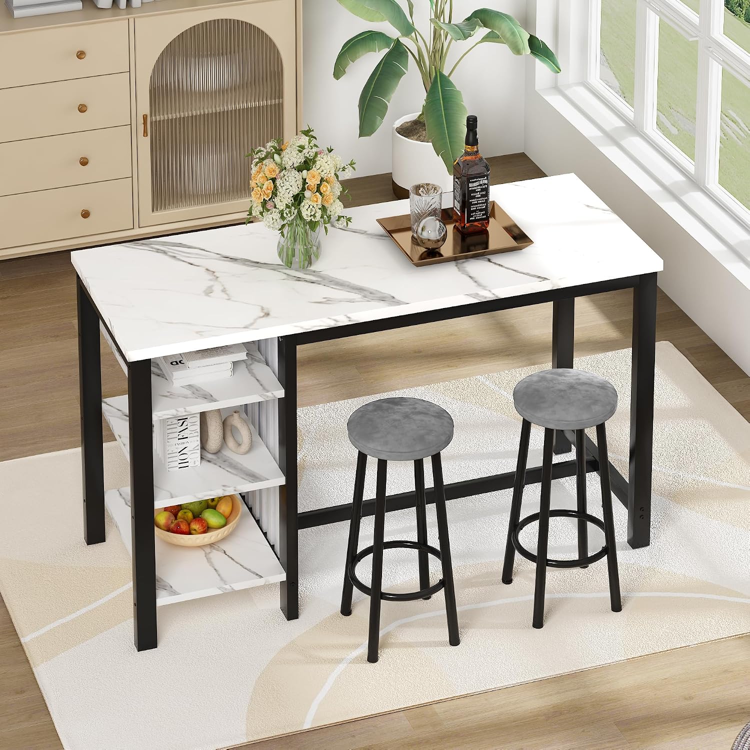 AWQM Bar Table Set with Storage Shelves, 47' Modern White Faux Marble Breakfast Table with 2 Velvet Stools, 3-Piece Dining Set for 2, Space Saving Table for Kitchen/Dining Room/Living Room/Studio