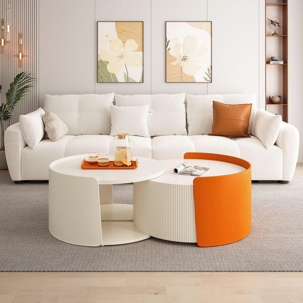 KEVINSPACE Round Coffee Table Mid Century Modern Coffee Table Pull Out Design Farmhouse Coffee Table with Storage Cocktail Table for Living Room Patio Office Abstract End Tables White