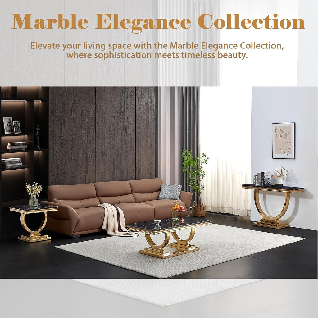 Marble Coffee Table, 47' Black Faux Marble Rectangular Cocktail Table with Mirrored Finish Double O-Shape Stainless Steel Base, Central Cocktail Tea Tables for Living Room Office, Gold