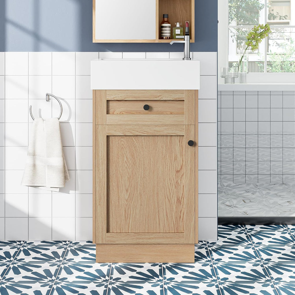 18.5' Bathroom Vanity with Reversible Resin Sink, MDF Cabinet with Adjustable Shelf & Elegant Zinc Alloy Handles, Wood Grain Melamine Finish, Rustic Style for Small Spaces