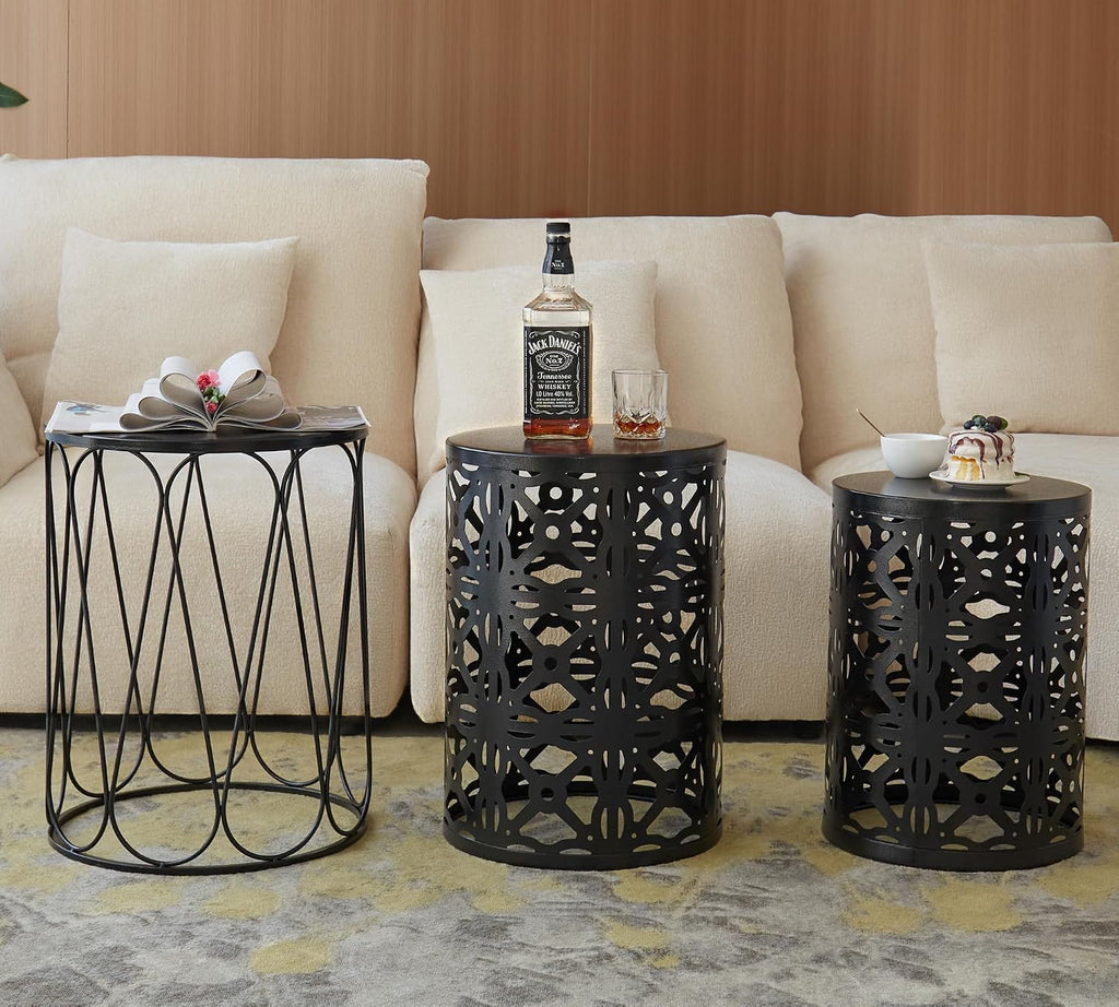 HFHOME Set of 3 Metal Outdoor Side Table, Nesting Round Coffee Table for Indoor Outdoor, Heavy Duty End Tables Plant Stand Living Room Garden Stool - Black