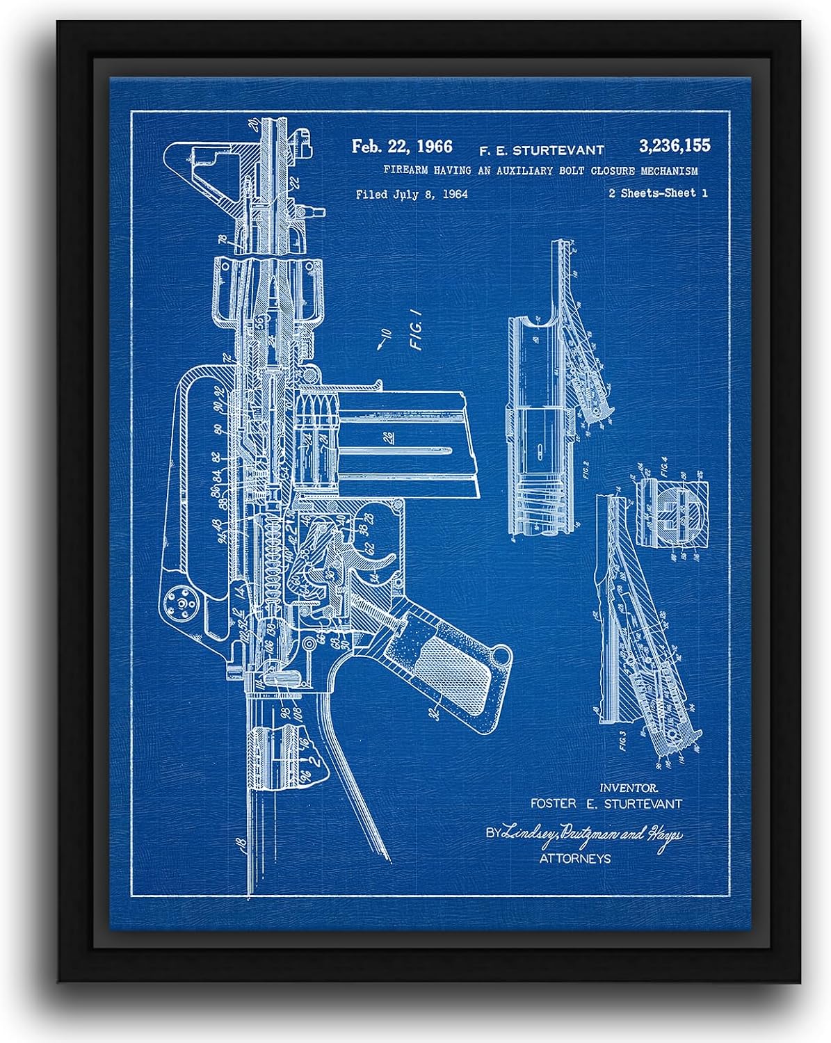 Personal-Prints Firearm Patent Art | Vintage Wall Art, Office, Bedroom Decor | 2nd Amendment & Choice of Unique Gun Art Gifts | USA Made (2 Piece Set, Blueprint, 12'x16' Float Framed Canvas)