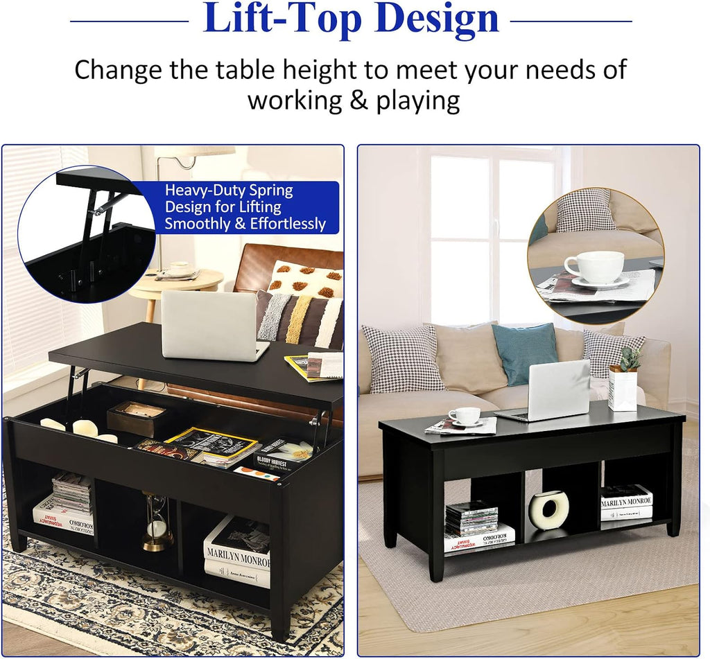 COSTWAY Lift Top Coffee Table, with Hidden Storage Compartment & 3 Open Shelves, Rectangular Cocktail Tea Table with Solid Wood Legs for Living Room Reception Room (Black)
