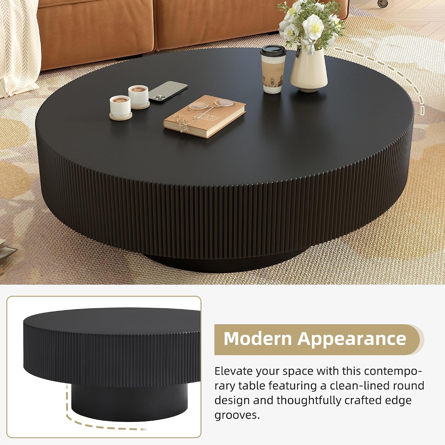 31.5' Round Coffee Table Modern Black Fluted Coffee Table for Living Room Circle Drum Wood Center Tables Accent Cocktail Tea Tab Living Room Tables for Apartment Office