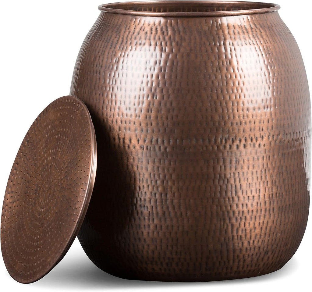 SIMPLIHOME Griffen Metal Storage Accent Table - 19 inch Wide Solid Metal Round Drum Side Table in Antique Copper, Industrial End Table for Living Room with Hidden Storage Space, Assembled