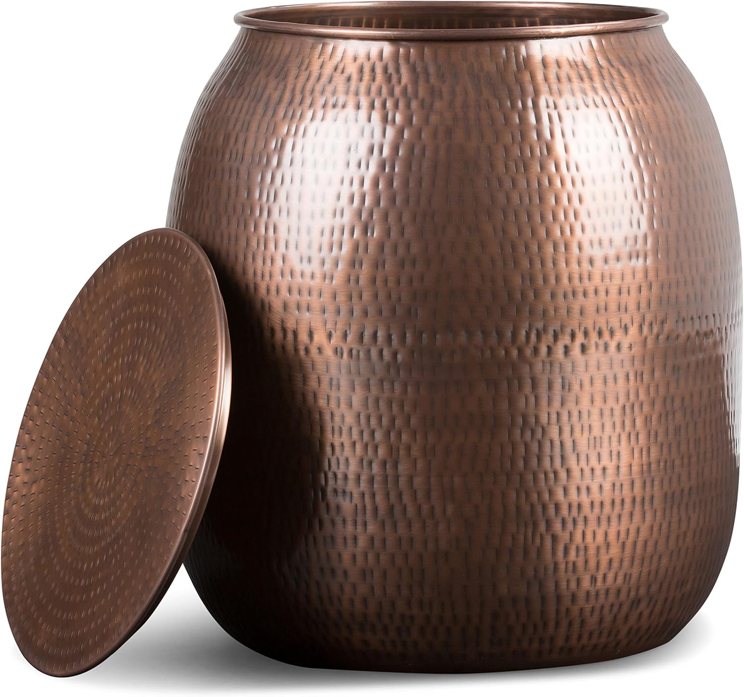 SIMPLIHOME Griffen Metal Storage Accent Table - 19 inch Wide Solid Metal Round Drum Side Table in Antique Copper, Industrial End Table for Living Room with Hidden Storage Space, Assembled