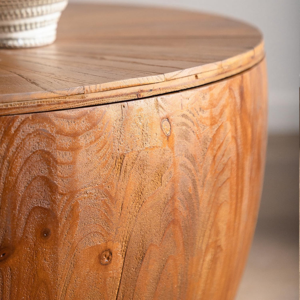 31.5'' Round Wood Coffee Table with Storage for Living Room, Modern Vintage Farmhouse Bucket Shaped Drum Coffee Table for Living Room Apartment Bedroom (Brown, ø31.5'' x 17.7'')