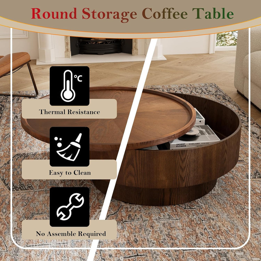 Round Coffee Table with Storage 30.7' Modern Stylish Circle Accent Table - Ample Tabletop & Covert Storage Space for Living Room Balcony Study (Brown-Storage Space)